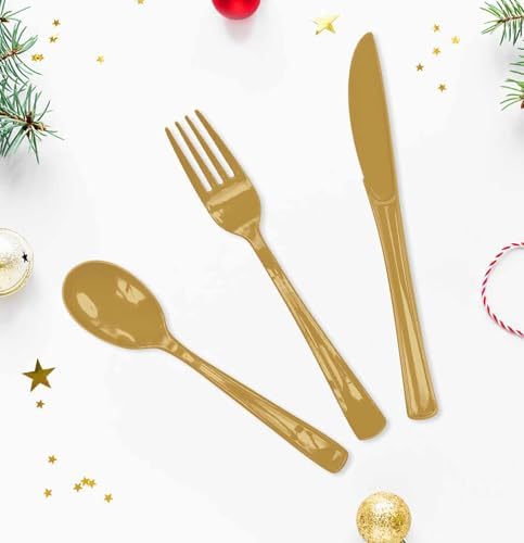 HEIPINIUYE 75 Pack Gold Plastic Cutlery Heavy Duty Gold Plastic Knives Forks and Spoons Disposable Silverware Set for 25 Guest Camping Birthday Baby Shower Party Cutlery Set - Image 4