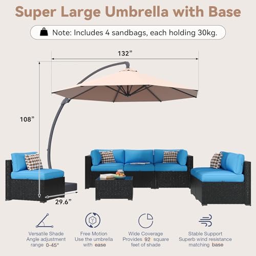 Aoxun Patio Furniture Set with Umbrella, 8 Piece Outdoor Sectional Sofas, Wicker Rattan Outdoor Furniture with Thickened Cushion for Backyard, Garden Peacock Blue - Image 2