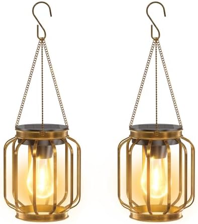 Solar Lanterns, Upgraded Metal Outdoor Lights, Brighter Hanging Solar Lights for Outside Waterproof, Auto On/Off Warm White Lighting for Yard, Garden, Patio, Pathway Decor (Bronze, 2 Pack) by BONLION