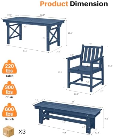 HDPE Outdoor Dining Set of 6, Patio Dining Table Set with 4 Chairs and 1 Bench, 6 Pieces HDPE Dining Set with Umbrella Hole, Outdoor Furniture Sets for Deck, Poolside, Garden, Navy - Image 3