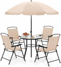 Tangkula 6 Pieces Patio Dining Set with Umbrella, Outdoor Table and Chairs Set with 4 Folding Armchairs and Round Tempered Glass Table for Garden, Deck, Lawn and Backyard (Beige) by TANGKULA