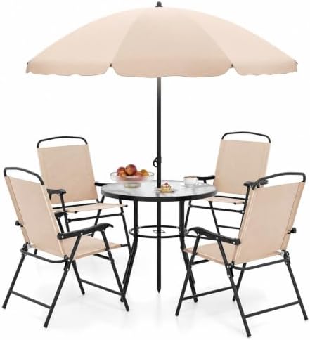 Tangkula 6 Pieces Patio Dining Set with Umbrella, Outdoor Table and Chairs Set with 4 Folding Armchairs and Round Tempered Glass Table for Garden, Deck, Lawn and Backyard (Beige) by TANGKULA