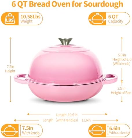 6QT Enameled Cast Iron Pink Dutch Oven For Sourdough Bread Baking - Image 5