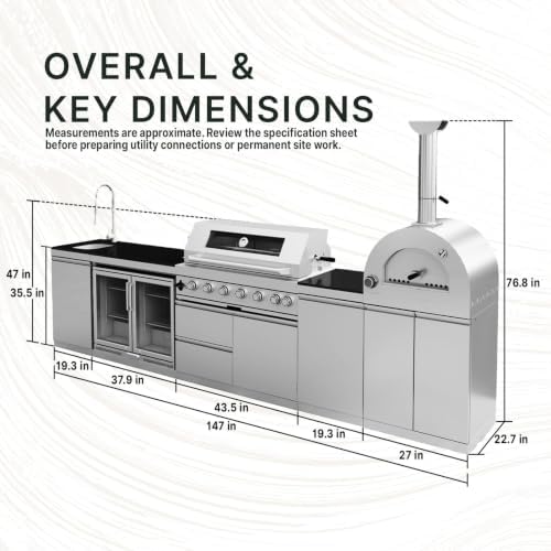 147" Modular Outdoor Kitchen,120,000 BTU Stainless Steel Natural Gas BBQ Grill with Built-In Pizza Oven,Rotisserie,Double Door Refrigerator,Granite Countertop,Storage Drawers & Cabinets. - Image 2