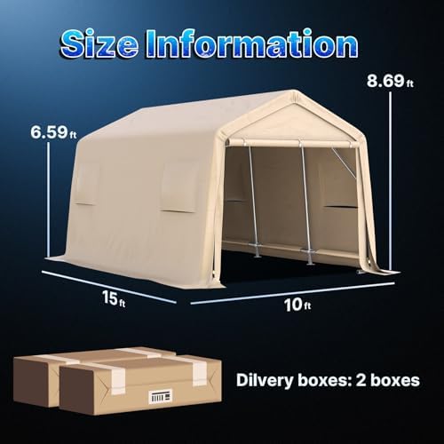ADVANCE OUTDOOR 10X15 ft Garage Shelter Steel Metal Peak Roof Portable Storage Shed Carports for Motorcycle Boat, or Garden Tools with 2 Roll up Doors & Vents, Beige - Image 5