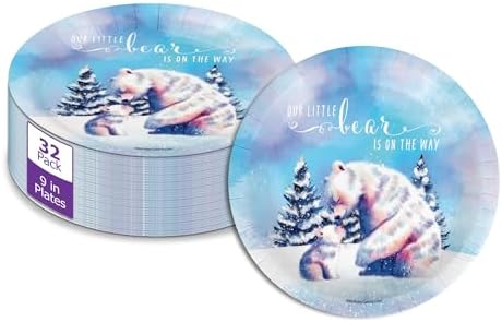 Birthday Galore Our Little Polar Bear is On The Way Baby Shower - 32 Piece Disposable Party Supplies - Winter Baby Shower Decorations - Round Party Plates - Large 9" Paper Plates In Bulk by BirthdayGalore