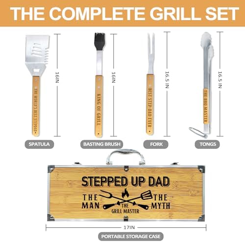 Step Dad Gifts from Daughter Christmas Heavy Duty Wooden BBQ Grilling Accessories Kit for Backyard, Thick Stainless Steel Grill Utensils with Non-Slip Handle Tools in Portable Bag Birthday Fathers Day - Image 4