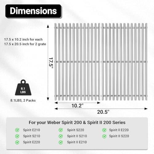 Spirit Grill Grates Stainless Steel 7637 for Weber Spirit E210 Grill Replacement for Weber Spirit 200 & Spirit GS4 II E210 Grill Parts for Weber Spirit Stainless Steel Grates 17.5" E210 E220 S210 S220 - Image 3