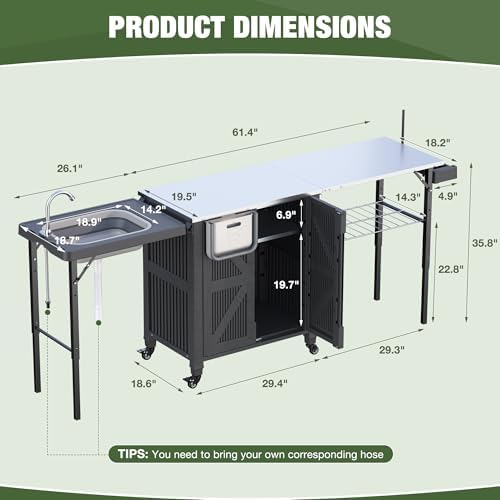 3-in-1 Outdoor Grill Cart with Sink & Faucet, Stainless Steel Top Outdoor Kitchen Island, Prep Table with Foldable Side Table, Storage Cabinet, Rolling Grill Station with Wheels for Patio, Backyard - Image 2