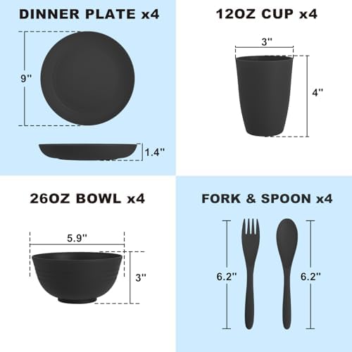 Wheat Straw Dinnerware Sets, Unbreakable Kids Plates and Bowls Sets 20-Piece Service for 4, Alternative Plastic Outdoor Camping Dishes, Microwave & Dishwasher Safe - Black - Image 2