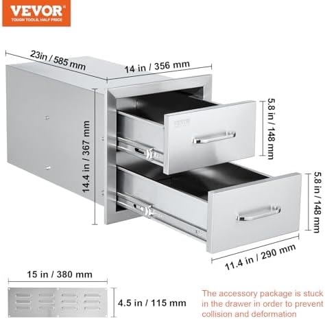 VEVOR Outdoor Kitchen Drawers 14"W x 14.3"H x 23"D Stainless Steel - Image 3