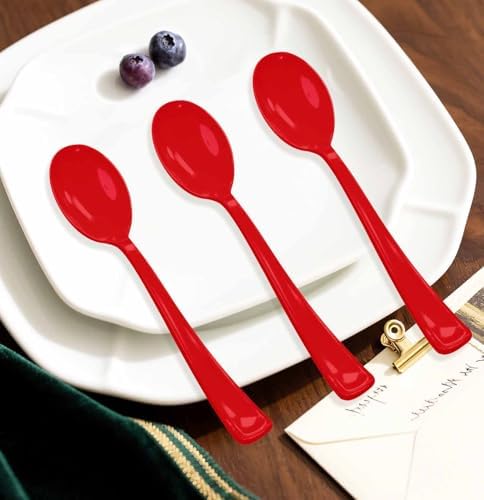 SietDESEO 25 PCS Red Plastic Spoons Disposable Utensils Heavy Duty Red Spoons Disposable Cutlery for Birthday Wedding Baby Shower Bridal Shower Plastic Silverware - Image 5