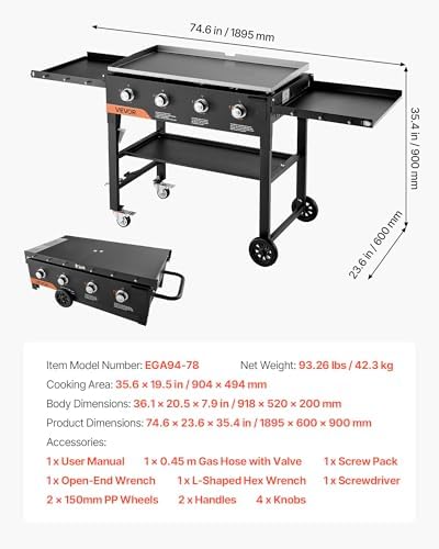 VEVOR Gas Griddle, 4-Burner Flat Top Grill, 36 inch Grill Plate Foldable Propane Griddle with Wheels, 60000 BTU Outdoor Flat Top Grills for Pan-Frying, Grilling, Stir-Frying, & BBQ, Pulse Ignition - Image 7