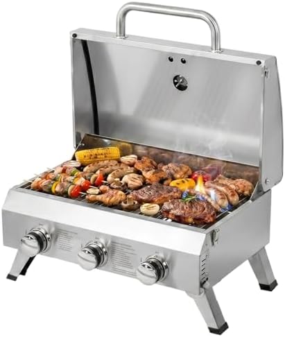Bonnlo 3 Burner Portable Gas Grill, 30,000 BTU Tabletop Camping Grill with Ignition & Lockable Lid, Stainless Steel Propane Grill with Foldable Legs & Thermometer for Outdoor Patio BBQ RV Use by Bonnlo