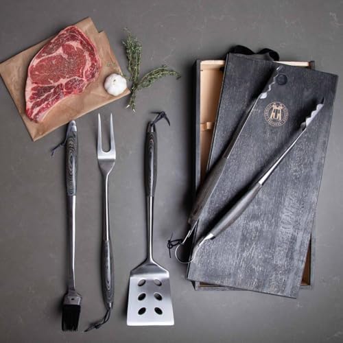 Schmidt Brothers - Bonded Ash 4-Piece Grill Set, Full-Forged Stainless Steel BBQ Utensils Including Spatula, Fork, Basting Brush, and Tongs with All Wood Handles - Image 4