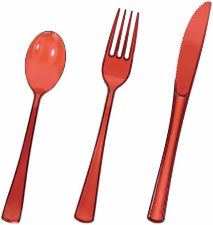 HEIPINIUYE 75 Pack Red Clear Plastic Cutlery Heavy Duty Clear Red Plastic Knives Forks and Spoons Disposable Silverware Set for 25 Guest Birthday Baby Shower Christmas Party Utensil Set by HEIPINIUYE