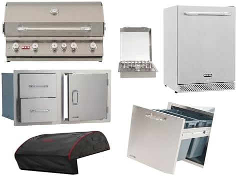 Bull Outdoor Products Complete Outdoor Kitchen Bundle – Brahma 90,000 BTU Built-In Grill Head, Grill Cover, Trash & Recycle Drawer, 38" Door/Drawer Combo, Glass Door & Contemporary Refrigerator – LP by Unknown