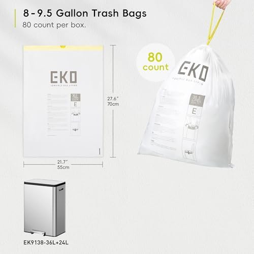 EKO Easy-Dispense Roll 80 Count Extra-Strong Drawstring Tall Kitchen Trash Bag, 8-9.5 Gallon Trash Bag (30.3L-36L) 1 Pack White, Code E - Image 4