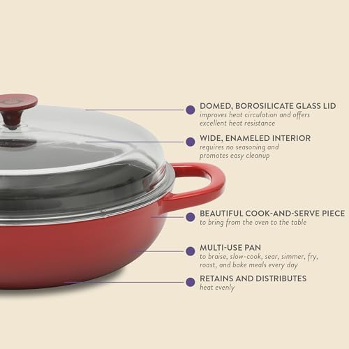 Crock Pot Artisan 5-Quart Enameled Cast Iron Braiser Pan With Oven Safe Borosilicate Glass Lid, Everyday Covered Skillet for Searing, Roasting, and Baking, Red - Image 3
