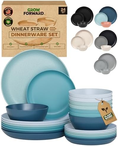 Grow Forward 24-piece Premium Wheat Straw Dinnerware Sets for 8 - Unbreakable Dishwasher & Microwave Safe Plastic Plates and Bowls Sets - Patio, Outdoors, RV, Camping Dishes - Seascape by GrowForward