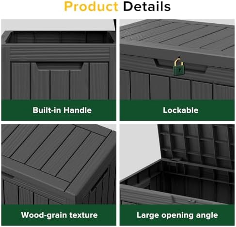 PatioZen 45 Gallon Outdoor Deck Box,Waterproof Resin Outdoor Storage Boxes, Outside Storage Lockable Container for Garden Tools,Indooor Cushions,Accessories (Black) - Image 4