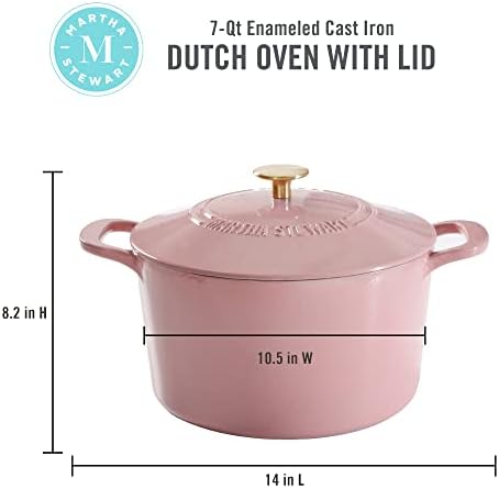MARTHA STEWART Gatwick 7-Quart Enamel Cast Iron Dutch Oven Pot with Lid – Pink – Heavy-Duty Dutch Oven for Slow Cooking, Braising & Baking - Image 2