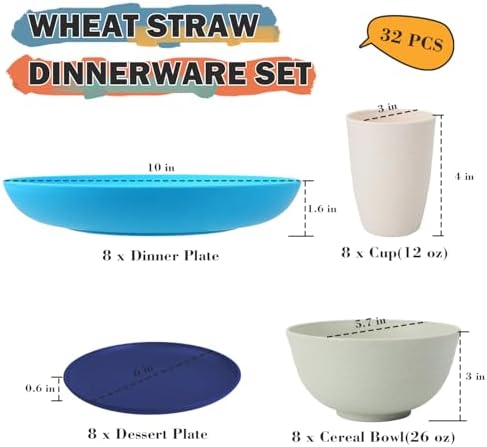 Wheat Straw Dinnerware Sets of 32, Unbreakable Plates and Bowls Sets Service for 8, Dinner Plate/Dessert Plate/Bowl/Cup, for Outdoor Camping RV Apartment Essentials - Island Color - Image 2