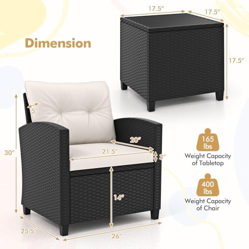 RELAX4LIFE 3-Piece Patio Furniture - Wicker Rattan Bistro Sofa Set w/Glass Top Coffee Table, Washable Cushions for Porch Balcony Backyard Poolside, Outdoor Conversation Set (Off White) - Image 3