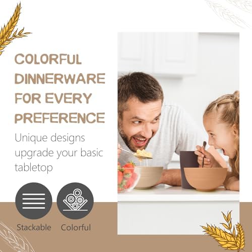 Teivio 32-Piece Kitchen Plastic Wheat Straw Dinnerware Set, Service for 8, Dinner Plates, Dessert Plate, Cereal Bowls, Cups, Unbreakable Colorful Plastic Outdoor Camping Dishes, Desert - Image 3