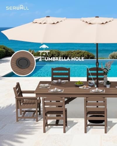 SERWALL 9Pcs HDPE Outdoor Dining Set w/6 Armless, 2 Armchairs for 8,Brown - Image 5