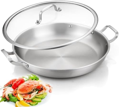 DELARLO Paella Pan 14 Inch Tri-Ply Stainless Steel Paella Pan with Lid, Jumbo Frying Pan, kitchen Induction Large Skillets,Great for Paella Parties Indoors Outdoors,Heavy Duty Style by DELARLOCOOKWARE