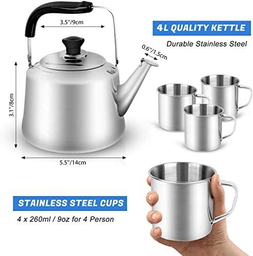 Odoland 3.8Qt Stainless Steel Camping Tea Kettle Set with 4 Cups - Image 2
