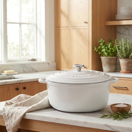 Zulay Kitchen 7.7 Quart Enameled Cast Iron Dutch Oven Pot with Lid – Premium Durability & Oven Safe up to 500°F – Heavy Duty Cookware Perfect for Bread Baking, Stews, Braising & Roasting – White - Image 2