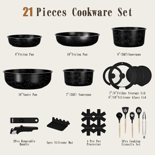 Umite Chef 21Pcs Pots and Pans Set Non Stick, Nonstick Ceramic Cookware Sets Detachable Handle, Non Toxic Healthy Induction Cookware, Kitchen Cooking Set, with Frying Pans Set, Dishwasher/Oven Safe - Image 2