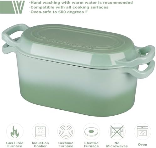 VORRINGARD Oval Dutch Oven Pot with Lid, Enamel Coating Cast Iron Bread Pans for Homemade Sourdough Bread Baking, Cooking, 4 Quart, Green - Image 3