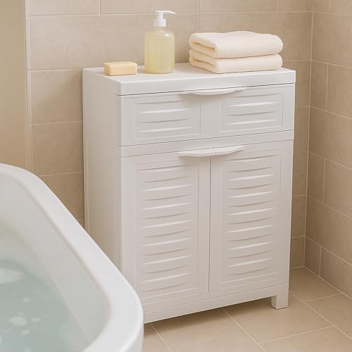 Sunnydaze 34.5" Garage Storage Cabinet with Adjusting Shelf, Speckled White - Image 2