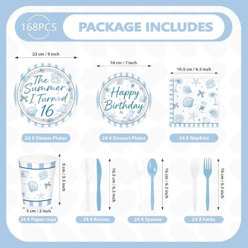 168 Pcs Summer 16th Seashell Birthday Party Decorations Serves 24 - Image 2