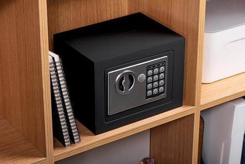 Small Electronic Safe Box With Digital Keypad & Keys - 9.05 x 6.7 x 6.7 Inches Wall Safe 0.23Cuft Mini Security Box for Coin Home Office Hotel Rooms Business Jewelry Gun (Black) - Image 3