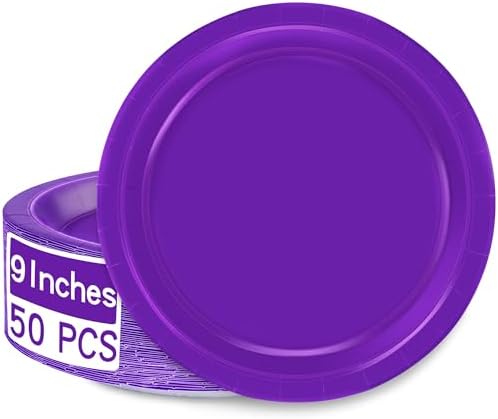 50 Pack Purple Paper Plates 9" Round Purple Disposable Party Plates Set by QZYL