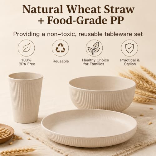 18PCS Wheat Straw Dinnerware Sets Unbreakable Reusable Dinnerware Set for 6, Microwave Dishwasher Safe Dinnerware for Outdoor Camping Dishes - Image 3