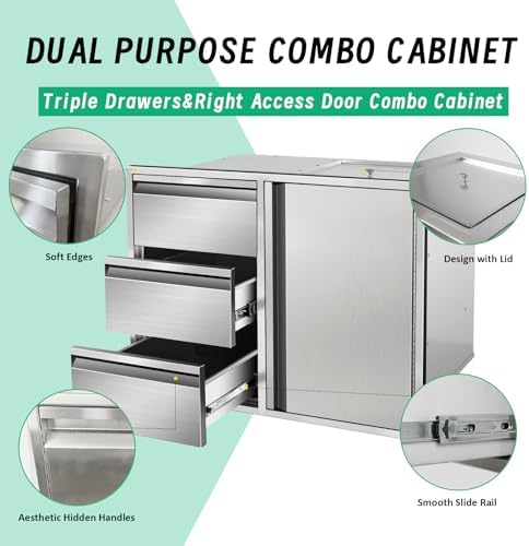 Outdoor Kitchen Door Drawer Combo Cabinet, 28"x 22"x 19.5" Right Access Door Combo Cabinet & Built-in Triple Drawers for Patio Grill Station, Outdoor Kitchen Island (Drawer and Right Door Combo) - Image 4