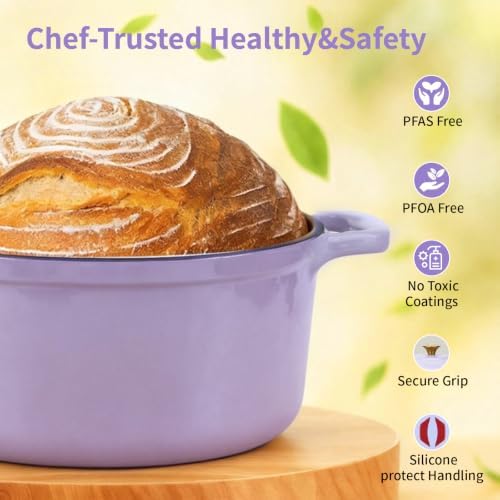 Enameled Cast Iron Dutch Oven with Lid&Silicone Grip, Round Casserole Pot for Bread Baking, Braising, Roasting,Stews,Heavy-Duty Baking Pan,Oven Safe, Induction Compatible (4.7QT,Purple) - Image 5