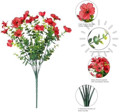 Daisy Artificial Flowers for Outdoors Decor, 12 Bundles Faux Daisy with Eucalyptus Fake Plants Greenery UV Resistant Look Real Colorful Faux Flowers for Outside Planter Porch Patio Yard Gardens, Red - Image 2