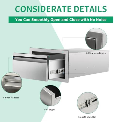 Outdoor Kitchen Drawers 14" W x 8.5" H x 23" D Stainless Steel Single Drawers with Hidden Handle for BBQ Island, Patio Grill Station & Outdoor Kitchen Cabinets - Image 4