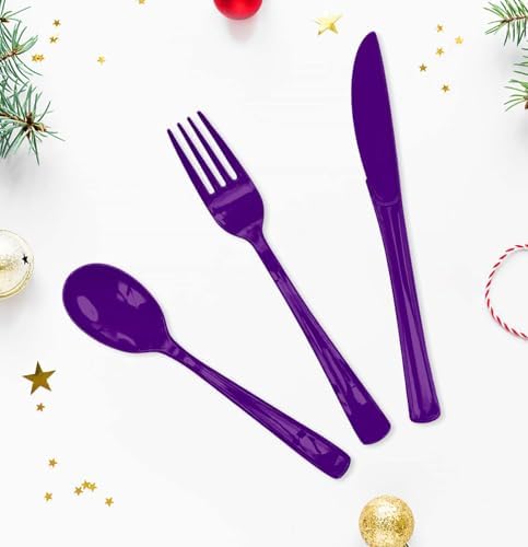 HEIPINIUYE 75 Pack Purple Plastic Cutlery Heavy Duty Purple Plastic Knives Forks and Spoons Disposable Silverware Set for 25 Guest Camping Birthday Baby Shower Party Cutlery Set - Image 2