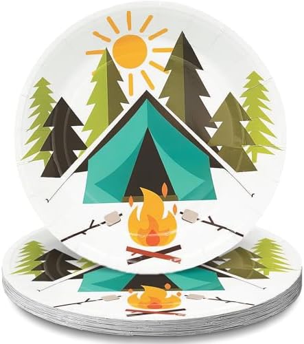 Fun Express Camp Party Tent & Campfire Paper Dessert Plates - Disposable Tableware Dessert Plates for Birthday Wedding, Graduation - Perfect for Treats and Festivities Party Supplies - 8 Pieces by FunExpress