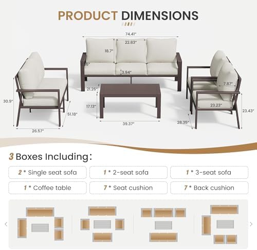 5-Piece Aluminum Patio Conversation Sets All-Weather Outdoor Furniture Sectional Sofa Modular Patio Set with 4'' Cushion Removable Covers for Porch Poolside Deck Balcony Yard - Image 3