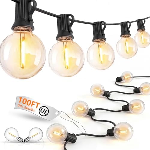 100FT G40 LED Outdoor String Lights, Patio Globe Lights with 52 Shatterproof LED Bulbs, Waterproof Dimmable Hanging Lights, Connectable Black Wire Bistro Lights for Backyard Porch Garden Party Café by Goothy