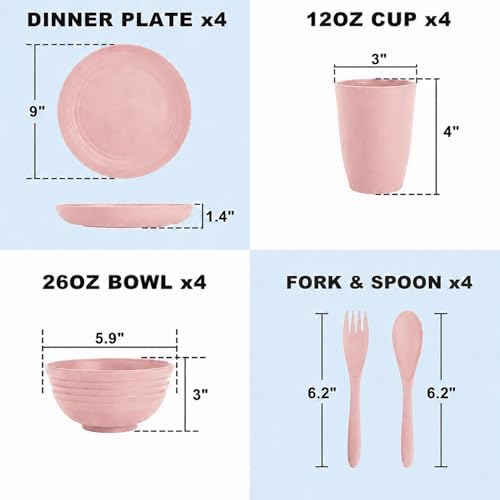 Wheat Straw Dinnerware Sets for 4, 20 Piece Unbreakable Kids Dinnerware Set, Toddler Plates and Bowls Sets, Kitchen Plates and Bowls Set, Lightweight Dish Set for Travel Camping Party - Muted Pink - Image 2