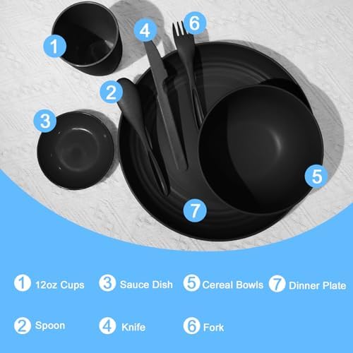 Wrova Wheat straw dinnerware set of 28 - Bowls and Plates Set for Dorm - Microwave and Dishwasher safe dish sets for kitchen,camping,indoors and out doors.Black - Image 3